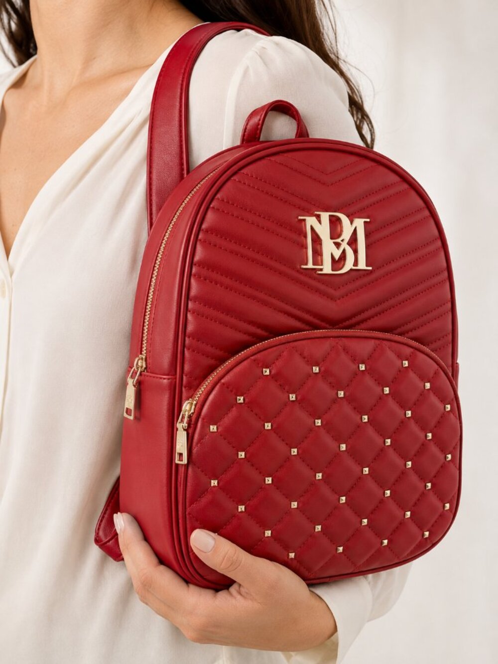 Badgley Mischka Bright Red Vegan Leather Gold Studded Backpack NWT